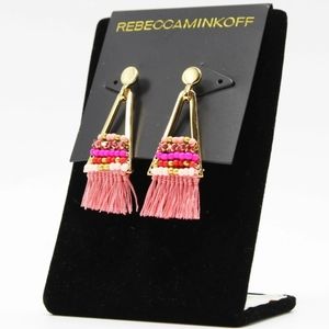 REBECCA MINKOFF BEADED PINK RINESTONE TASSEL DROP EARRINGS